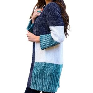BLUE MULTI WHITE COLOR BLOCK VELVET CHENILLE CARDIGAN SIZE XXL (18-20)